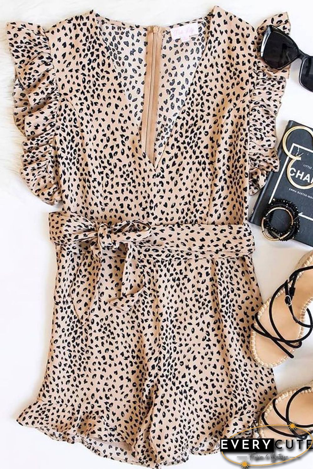 Ruffled V Neck Leopard Romper with Belt