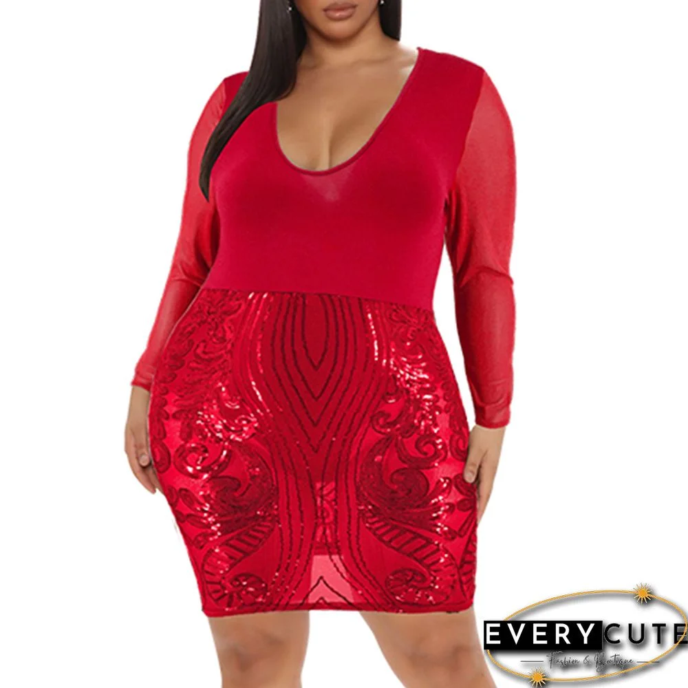 Red Spliced Embroidery Mesh Plus Size Dress