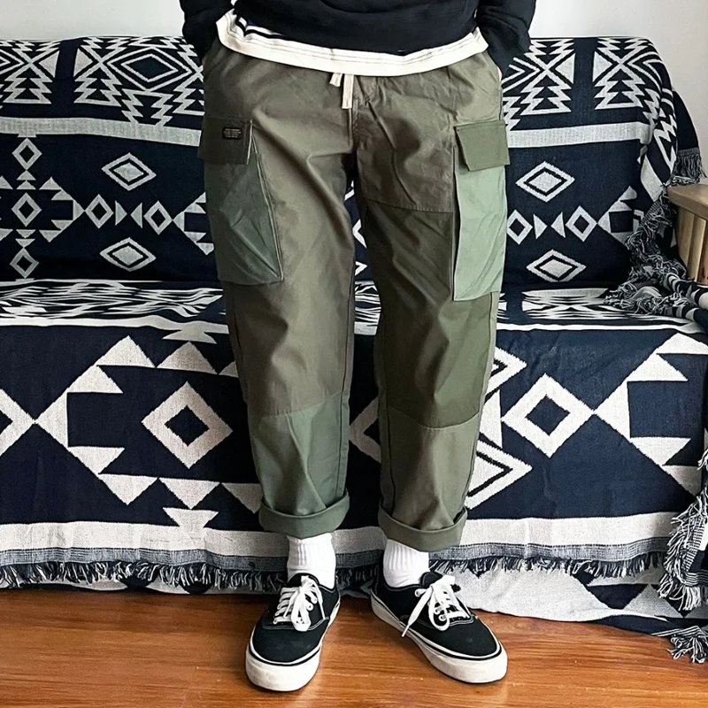 Retro Multi-Pocket Straight-Leg Color Block Elastic Waist Cargo Pants