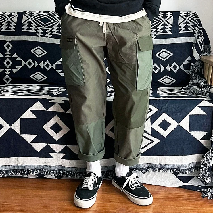 High Quality-Retro Multi-Pocket Straight-Leg Color Block Elastic Waist Cargo Pants