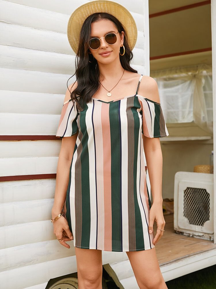 Stripe Print Off The Shoulder Mini Short Sleeve Dress