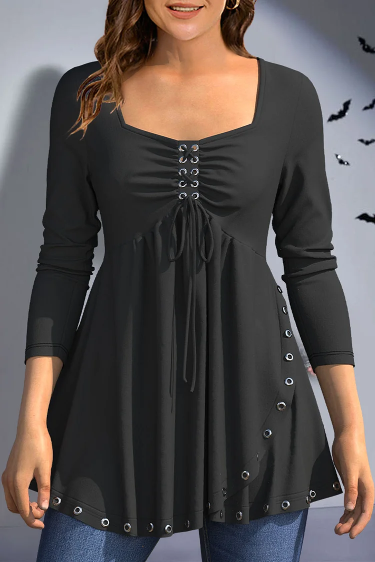 Flycurvy Plus Size Casual Black Lace-Up Asymmetric Metal Eyelet Waher Square Neck Blouse