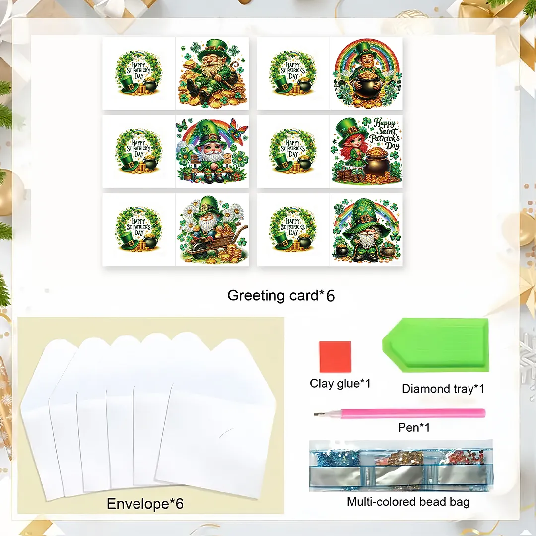6Pcs St.Patrick Day Elves DIY Diamond Painting Greeting Card Set with Envelopes Diamond Art Handmade Cards for Beginner Adult Holiday Gifts