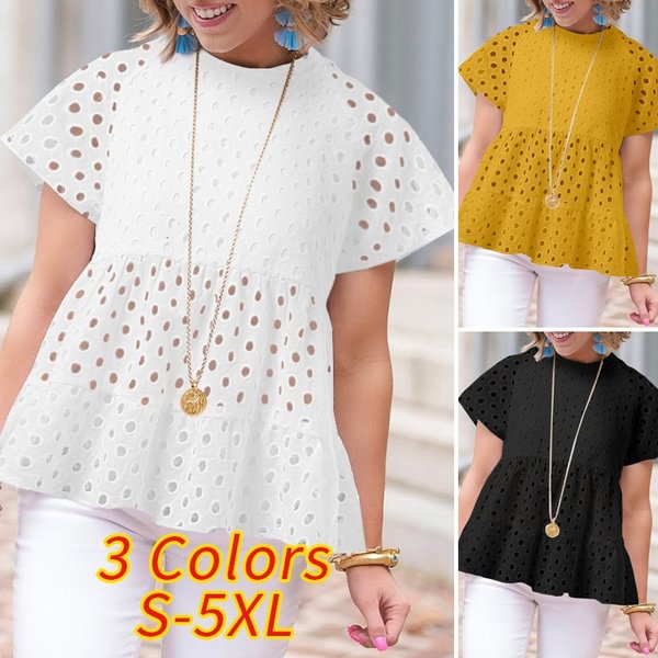 Summer Women Short Sleeve Hollow Lace Blouses Cotton Linen Casual Peplum Tops Plus Size - BlackFridayBuys