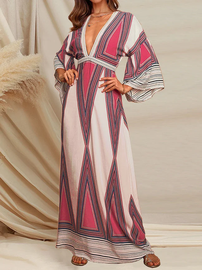 Women's Long Sleeve V-neck Geometric Printed Maxi Dress