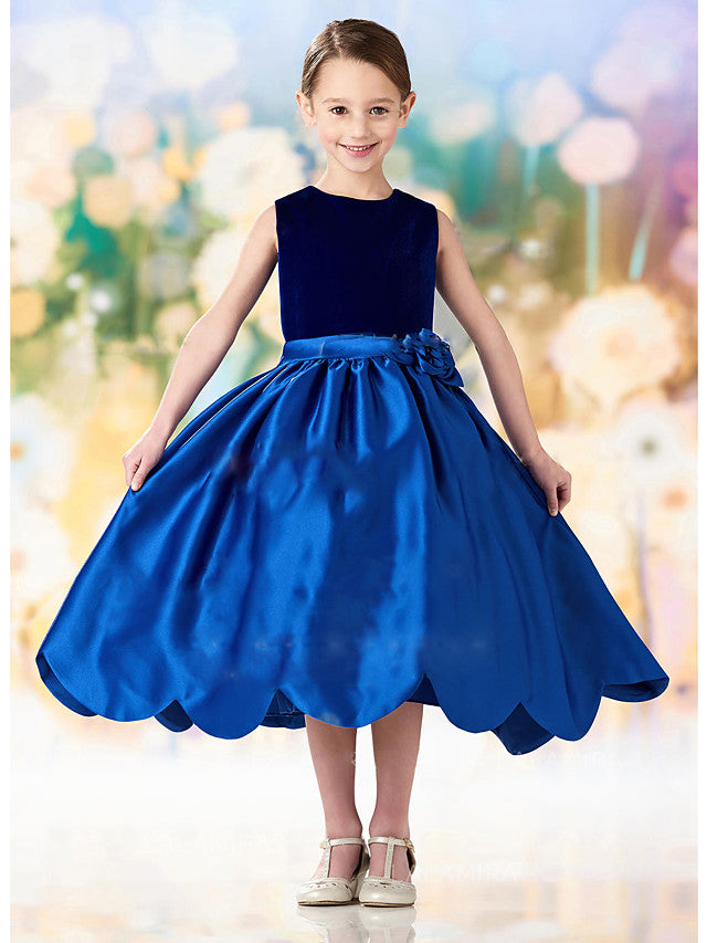 Oknass Sleeveless Jewel Neck A-Line Flower Girl Dress Satin Velvet With Ruching