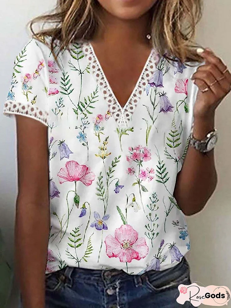 Floral V-Neck Lace Short Sleeve Top