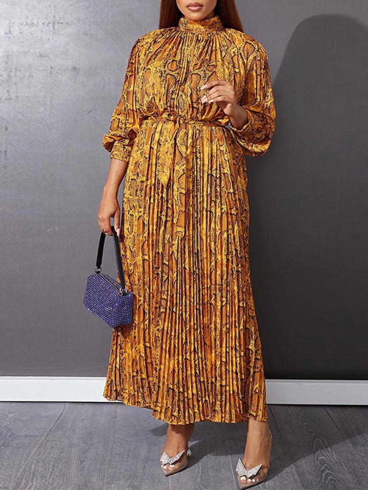 Pleated Leopard Print Tie Waist Long Sleeve Maxi Dresses For Women SKUJ27338 QueenFunky