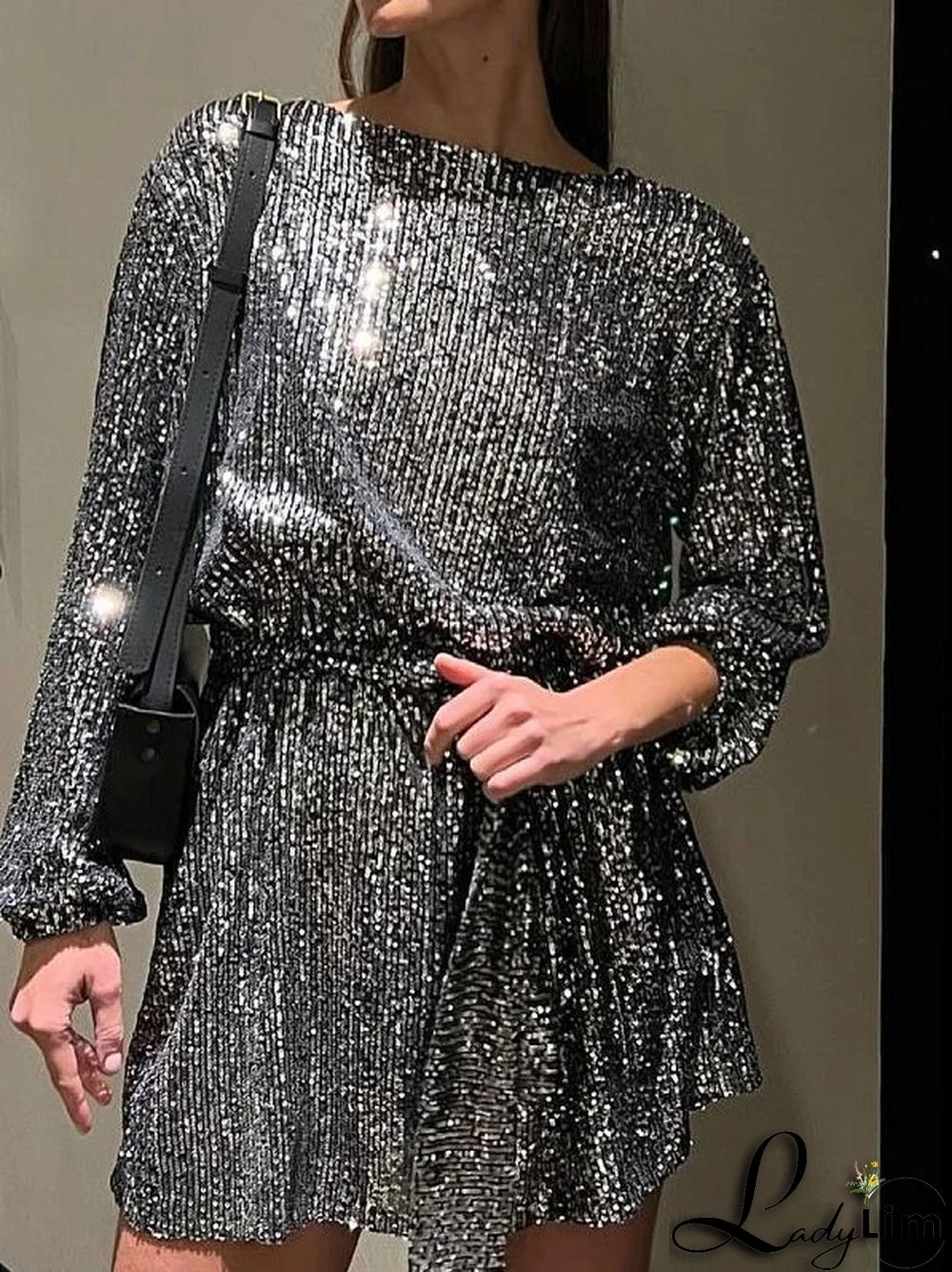 Women Casual Solid Lace-Up Sequin Embroidery Dress