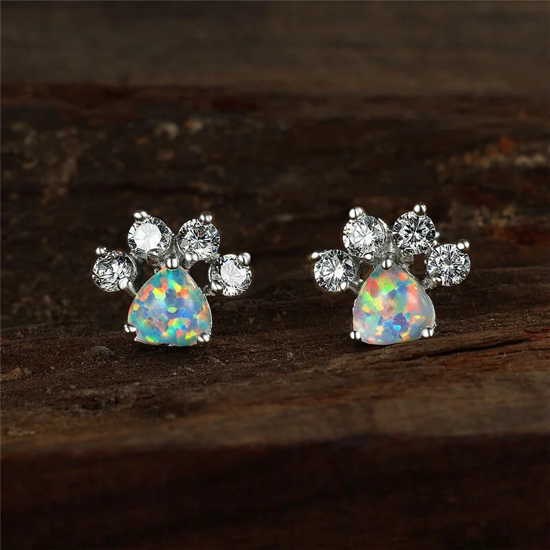 Cute Female Cat Paw Opal Earrings Classic Silver Color Small Stud Earrings For Women Simple White Zircon Wedding Earrings