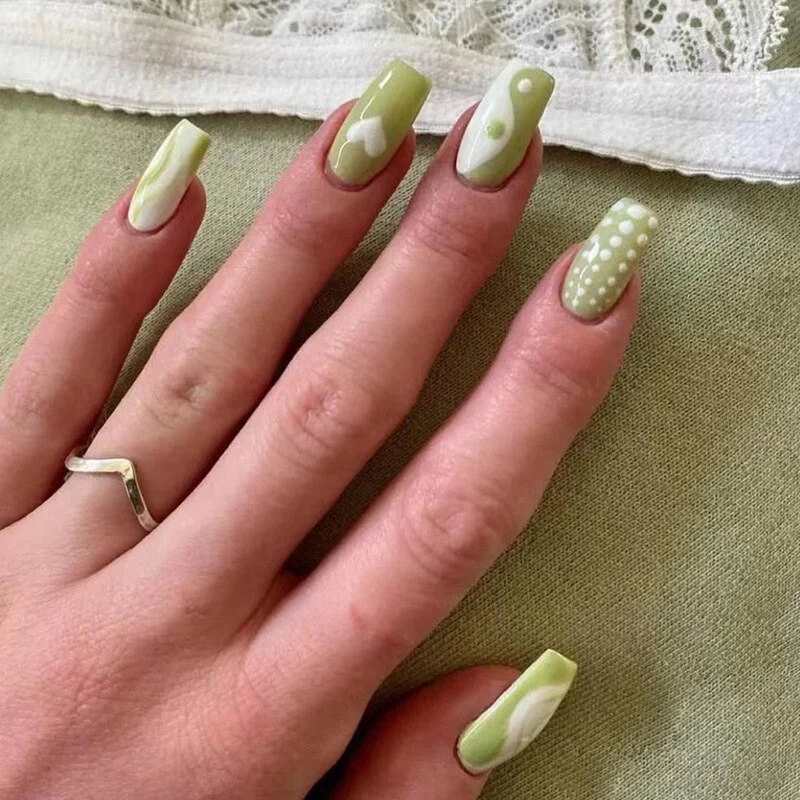 Churchf Blossoms Wearable Nail Art Long Ballet Green False Nails Fashion Detachable Finished Fake Nails Press on Nails with Glue-Nail Inspo