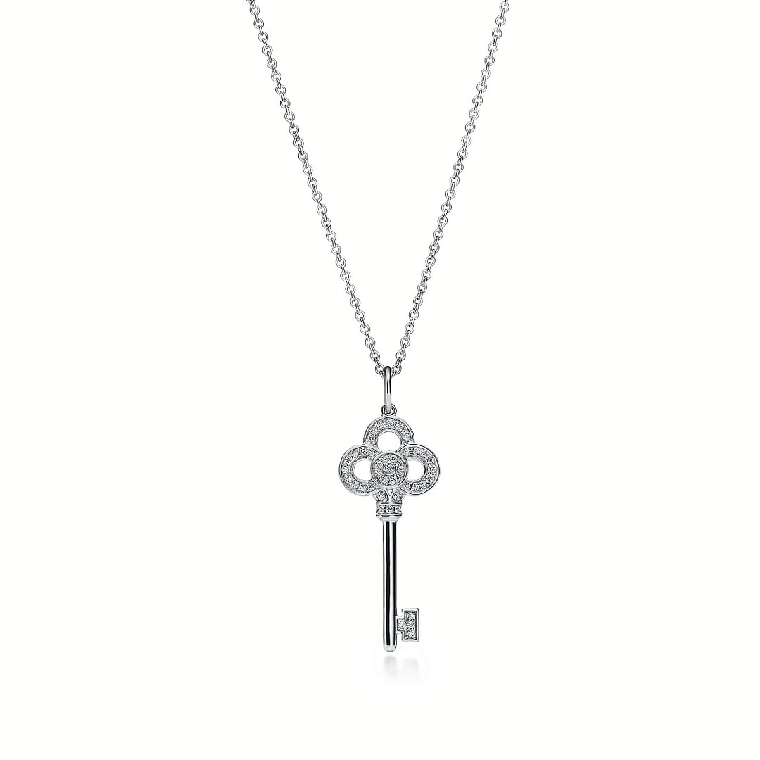 Tiffany Keys Mini Crown Key Pendant - in 18k White Gold with Diamonds