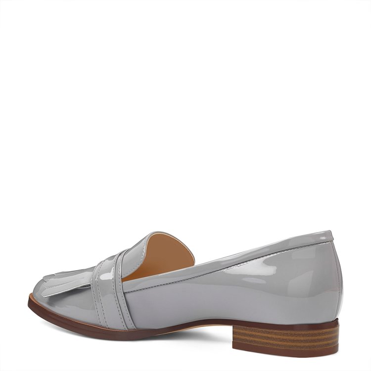 Grey Patent Leather Almond Toe Buckle Fringe Loafers for Women |FSJ Shoes