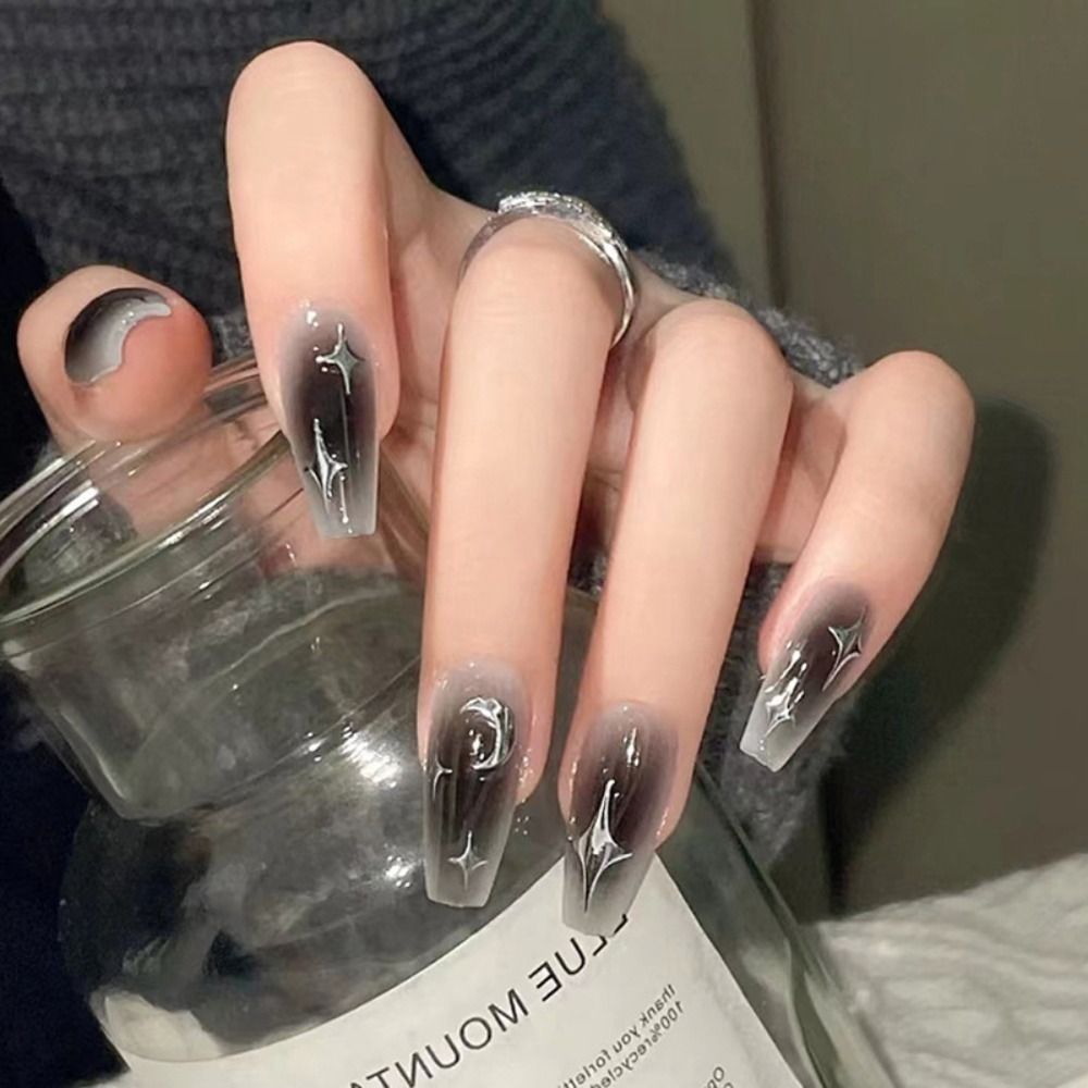 Smartlearncraft Black Long Coffin Shape Fake Nail Ballet Reusable Adhesive Acrylic Press on Set Nails Artificial False Nails Art Tips Women Gift