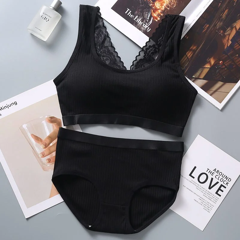 Billionm Large Size Bra&beiefs Set for Women Wireless Padded Underwear Suit Lace Striped Seamless Lingerie Set New