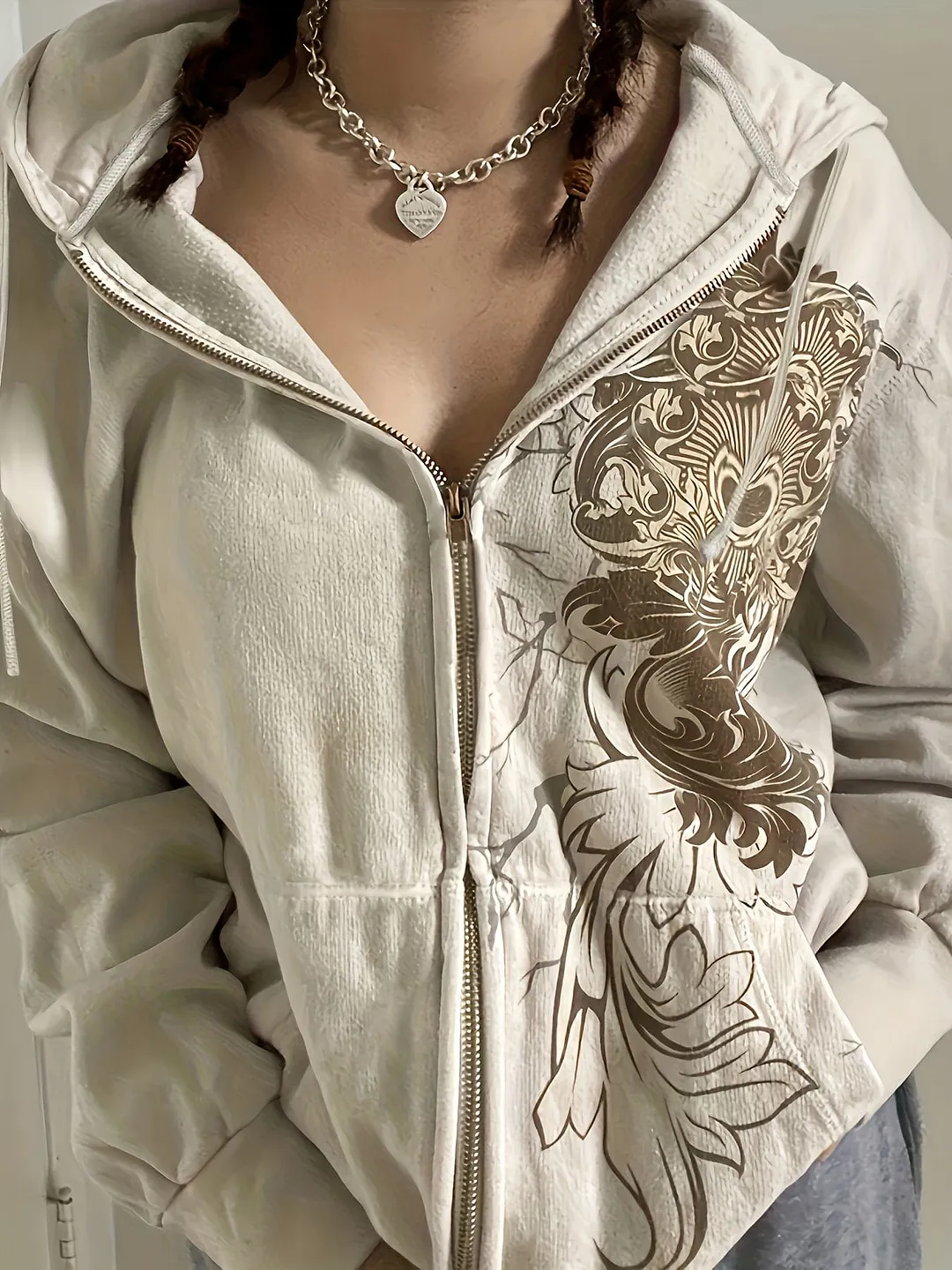 Brown and Beige Floral Print Hoodie