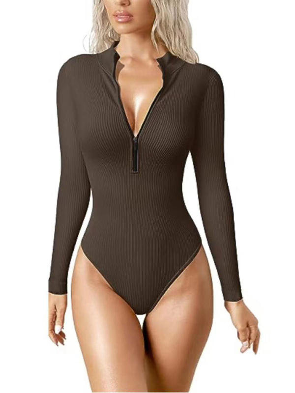 Mature Women's Sexy Stand Collar Long Sleeve Bodysuit