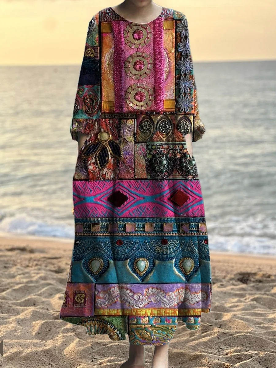 Women's Vintage Patchwork Art Print Pocket Cotton Dress