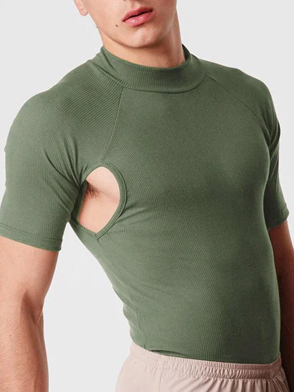 Aonga - Mens Underarm Cutout Turtleneck Short Sleeve T-ShirtI