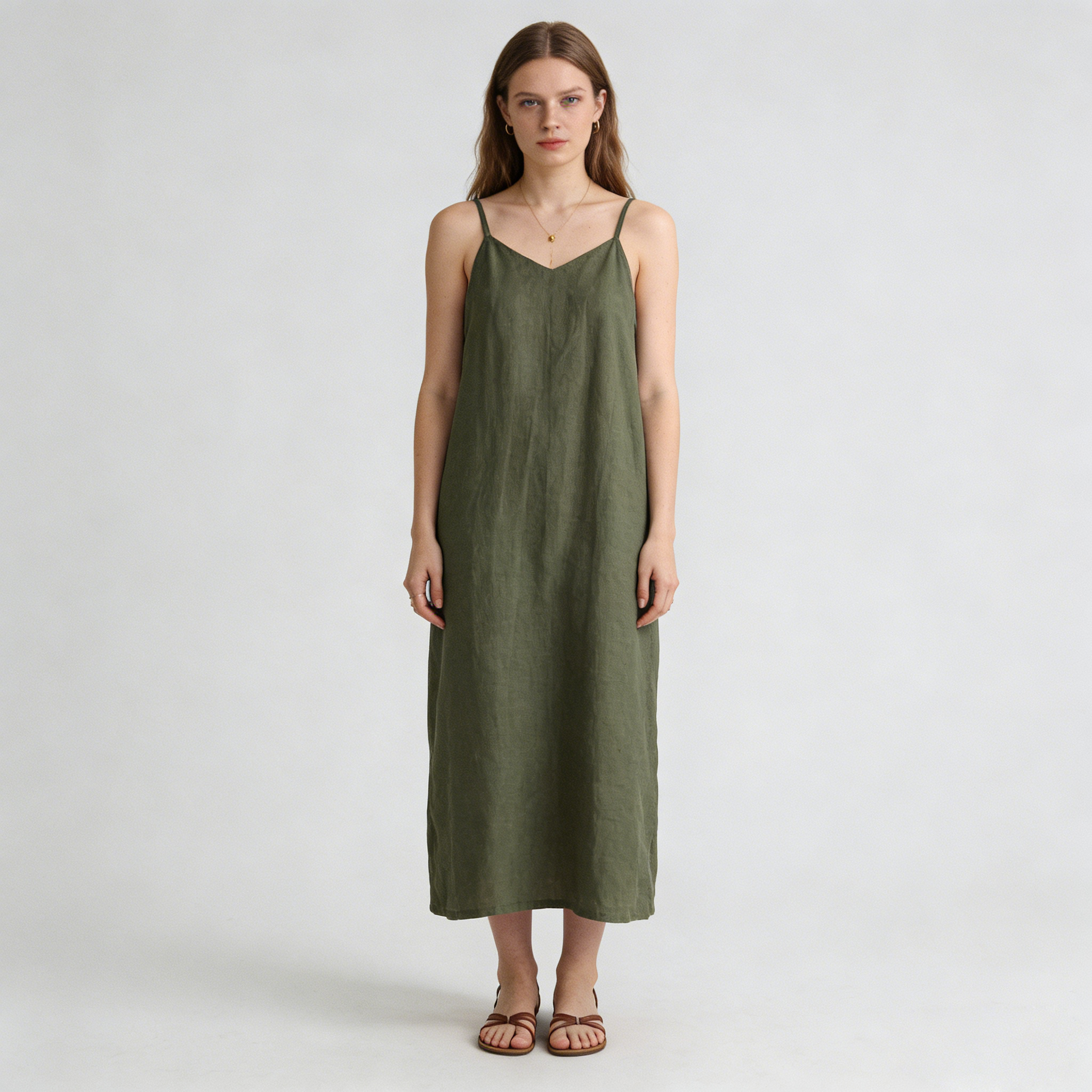 Linen Slip Dress Women 100% Linen V Neck Midi Summer Dress Breathable REAL SILK LIFE