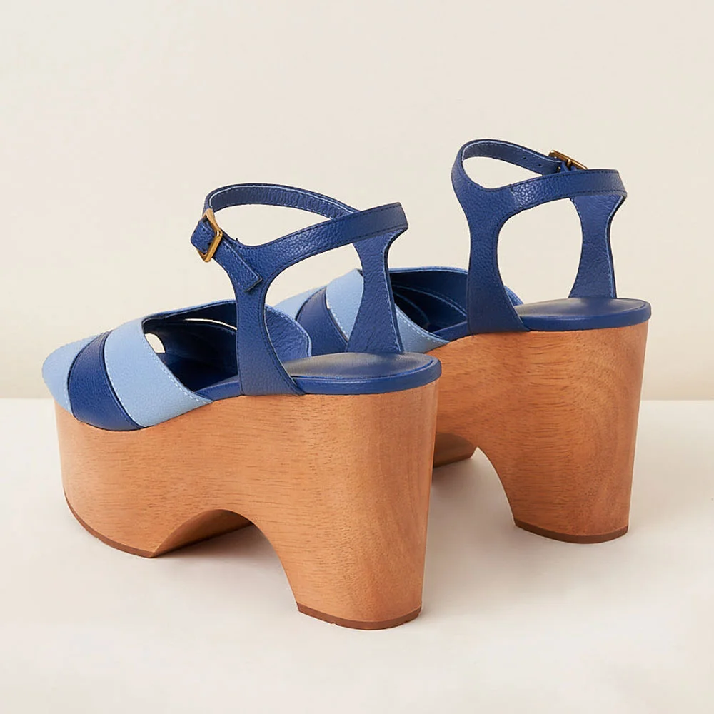Navy & Sky Blue Peep Toe Ankle Strap Clog Heels with Platform