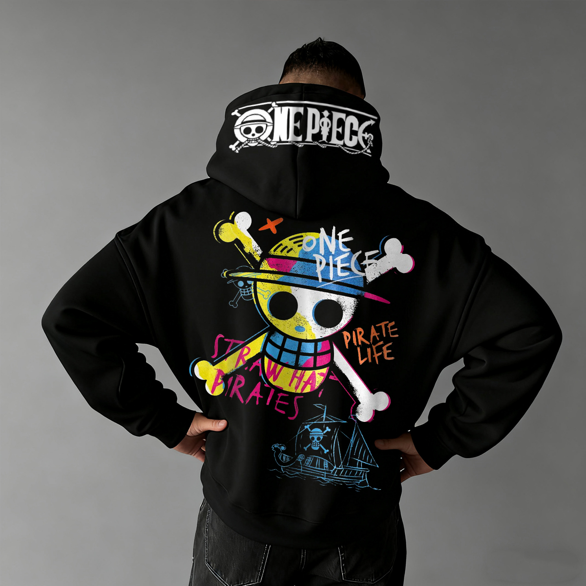 Anime-Inspired Hoodie with Vibrant Skull Design and Pirate Ship Graphic