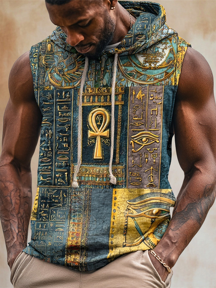 Egyptian Ankh And Eye Of Horus Patchwork Pattern Men's Linen Hooded Tank