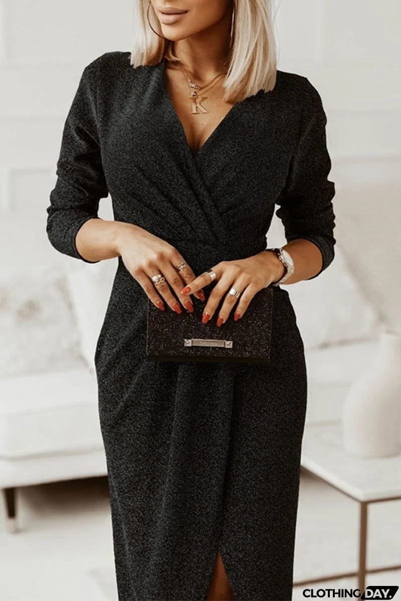 Sweet Elegant Solid Bronzing Sequins V Neck One Step Skirt Dresses(3 Colors)