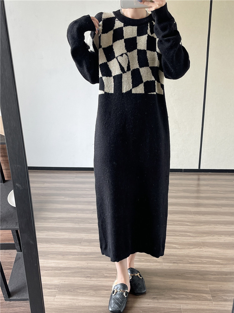 Searchwombat 2024 New Long Loose Straight Plaid Knitted Dress Women'S New For Casual O-Neck Long Sleeve Sweater Skirt Fashion Maternity Dress