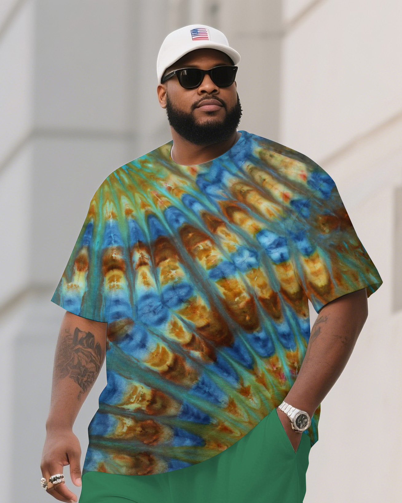 Men's Plus Size Tie-Dye Basal Nebula Double Scalloped Folding Round Neck T-Shirt Shorts Suit