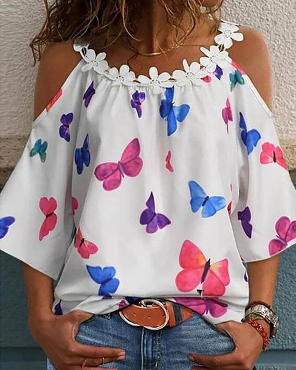 Cold Shoulder Flower Patchwork Print Half Sleeve Blouses
