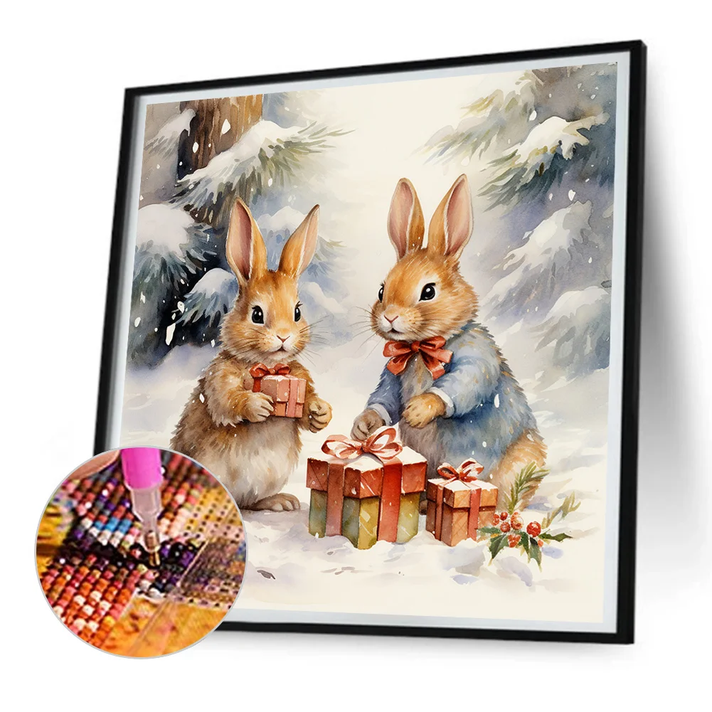 Diamond Painting - Full Round Drill - Winter Gift Bunny(Canvas|30*30cm)