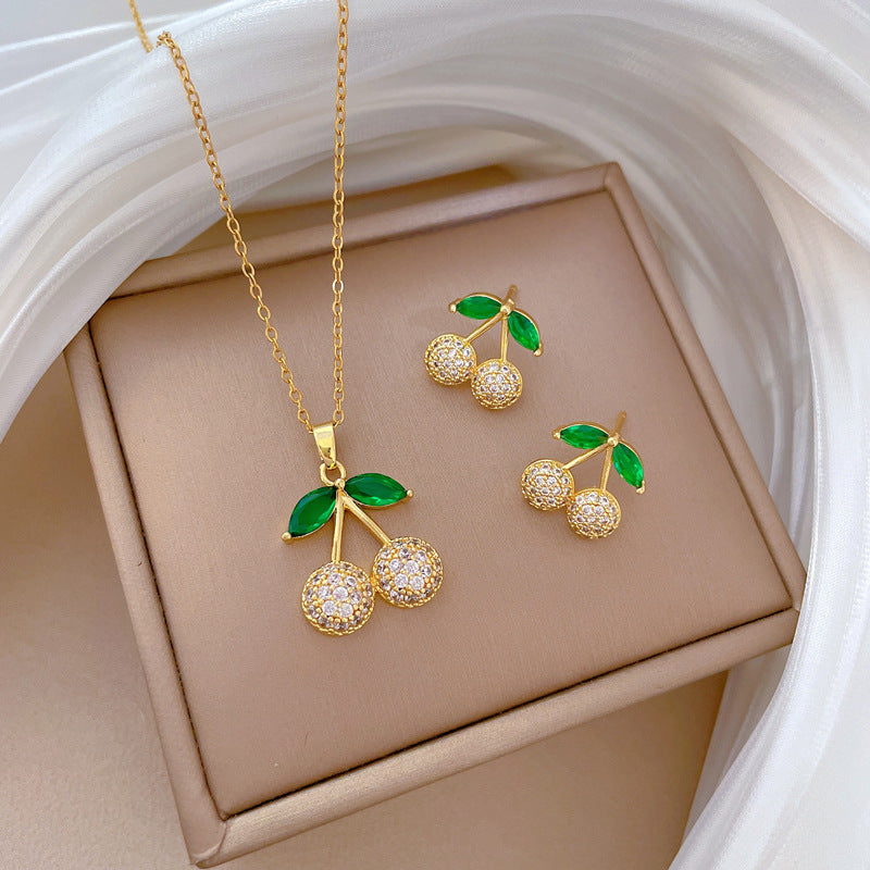 Green Leaf Cherry Necklace Earrings Set Micro-Inlaid Personalized Banquet Earrings And Necklace Combination