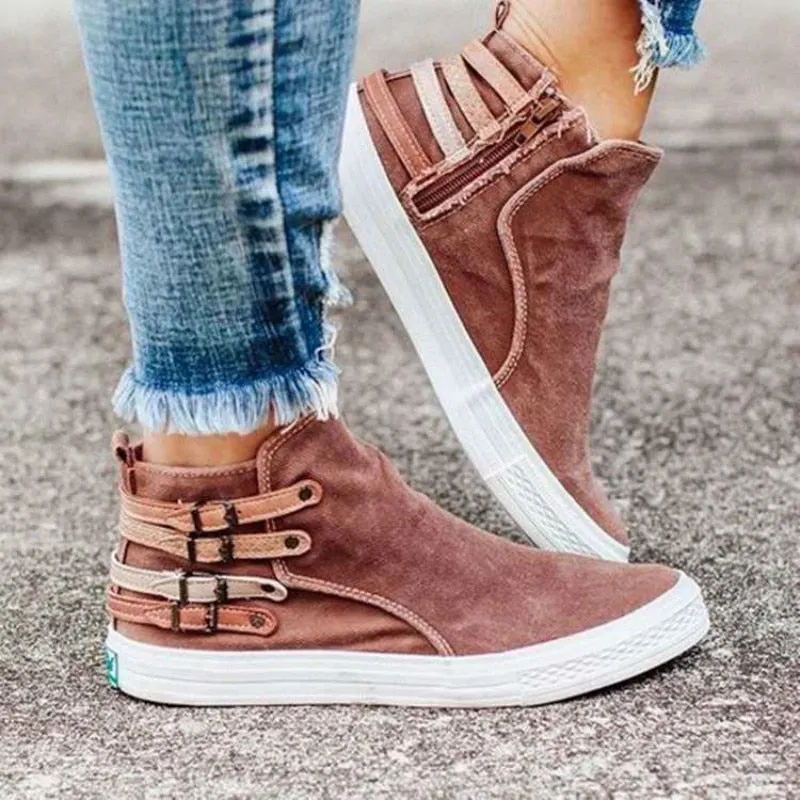 Women boots Autumn Casual Canvas Shoes 2020 Casual Shoes Fashion Female Women Zipper Buckle Flat boots Heel Sneakers