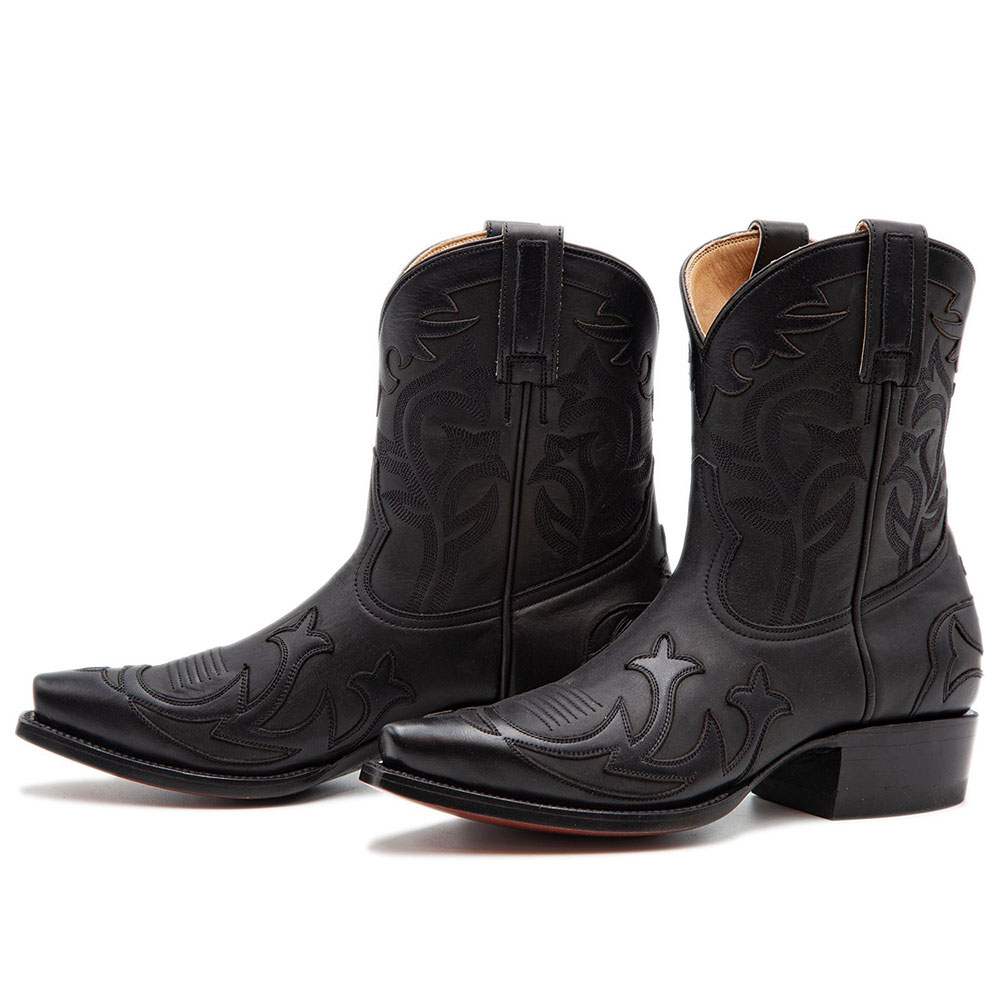 Decorative Inlay Snip Toe Low Block Heel Cowgirl Ankle Boots in Black Nicepairs