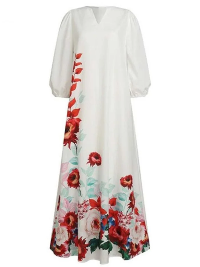 Long skirt V-neck positioning flower puff sleeve dress