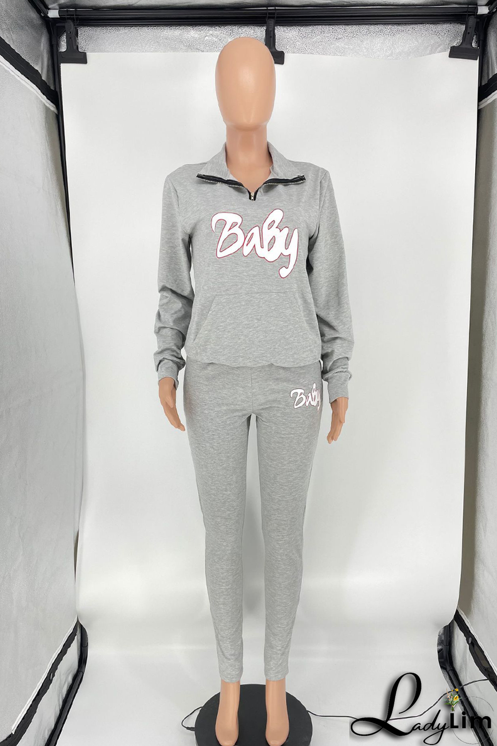 Grey Casual Print Letter Mandarin Collar Long Sleeve Two Pieces