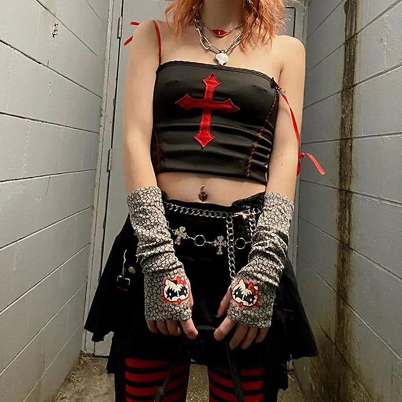 InsGoth Gothic Cross Print Black Camis Grunge Harajuku Lace Up Corset Tops Punk Streetwear Backless Summer Crop Tops Summer 2021