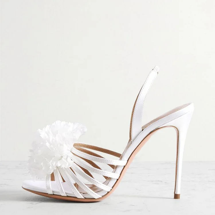 White Open Toe Strappy Sandal Classic Slingback Floral Shoes Wedding Stiletto Heels |FSJ Shoes