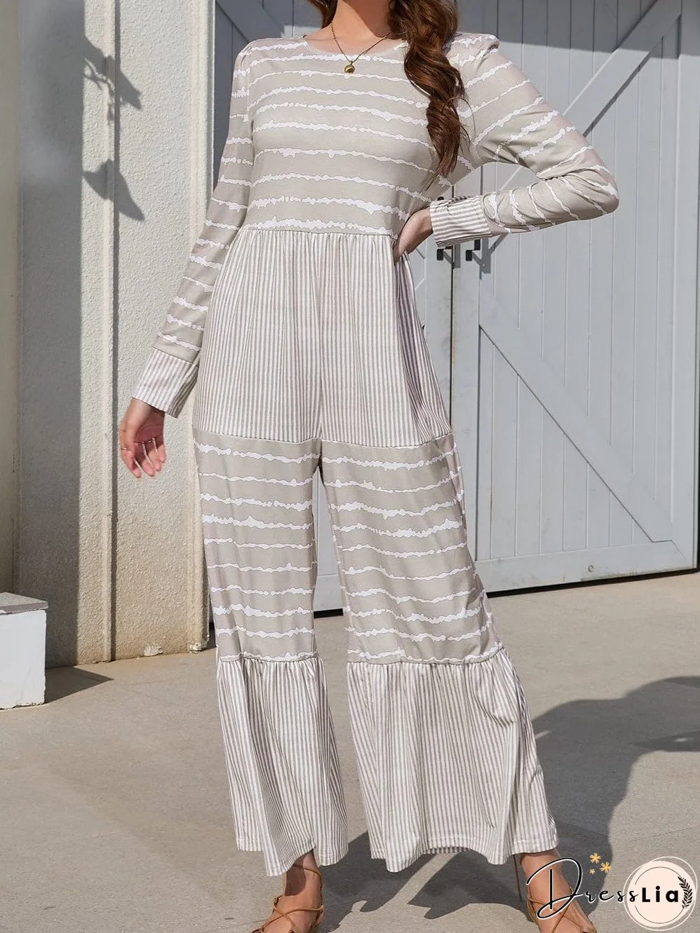 Light Grey Striped Wide Leg Jumpsuit with Long Sleeves