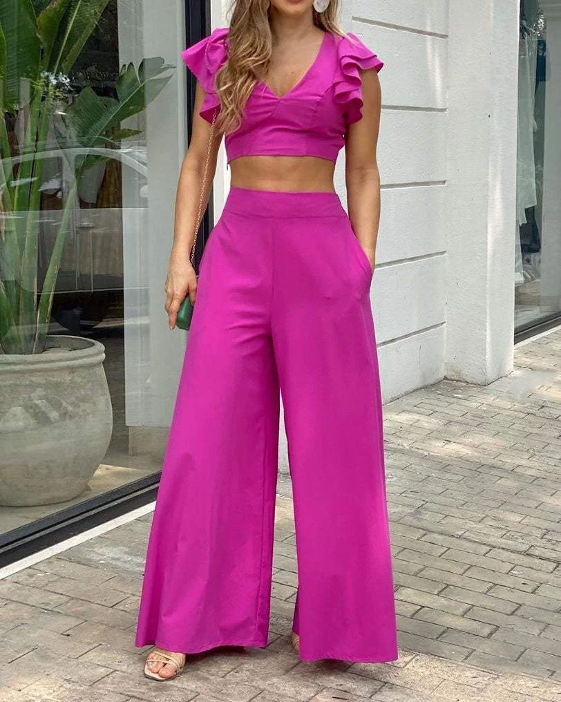 BUTTERFLY SLEEVE SOLID COLOR TWO-PIECE SET