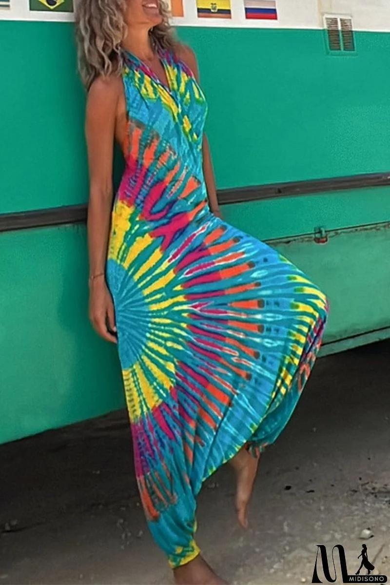 MidiSono - Casual Print Backless Halter Loose Jumpsuits