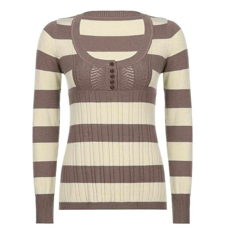 Rapcopter Y2K Striped Sweaters Button Cute Sweet Jumpers Prepply Full Sleeve A-Line Pullovers Knitwear Women Retro Korean Tops