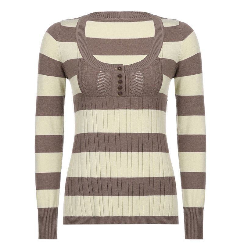 Rapcopter Y2K Striped Sweaters Button Cute Sweet Jumpers Prepply Full Sleeve A-Line Pullovers Knitwear Women Retro Korean Tops