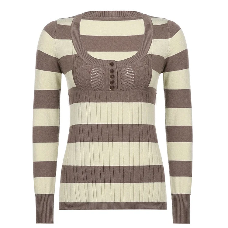 Rapcopter Y2K Striped Sweaters Button Cute Sweet Jumpers Prepply Full Sleeve A-Line Pullovers Knitwear Women Retro Korean Tops