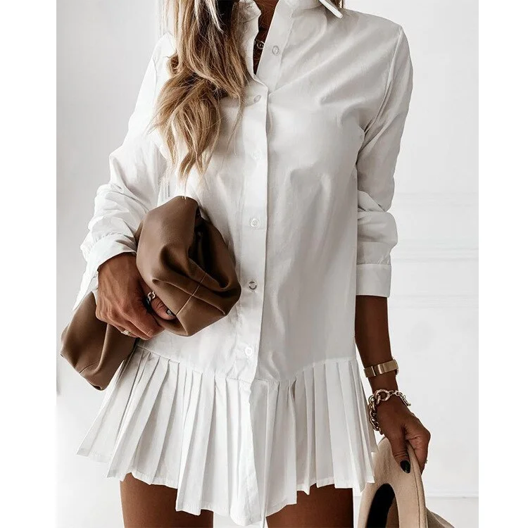 Abebey Autumn Long Sleeve White Pleated Shirt Dress Women Casual Turn Down Collar Mini Dress Button Lady A Line Office Dress For Women
