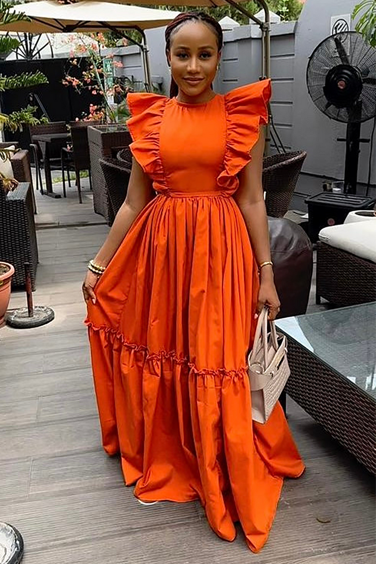 Ruffled Sleeveless A-Line Maxi Shirred Dresses-Orange