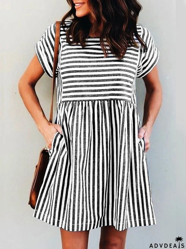 Stripe Short Sleeve Pocekts Mini Dress