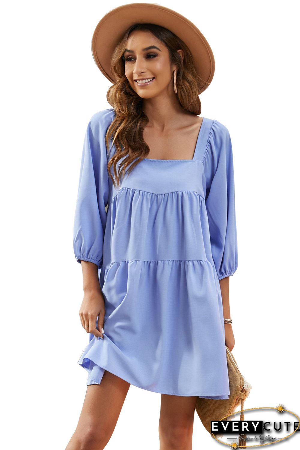 Sky Blue Square Neck Half Sleeve High Low Mini Dress