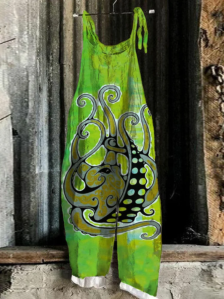 Fluorescent Green Octopus Linen Blend Loose Casual Jumpsuit